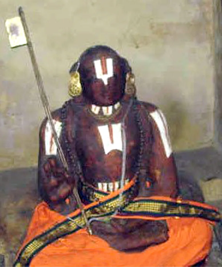 The figure of Ramanuja in Upadesa Mudra inside the Ranganathaswamy Temple, Srirangam. It is believed to be his preserved