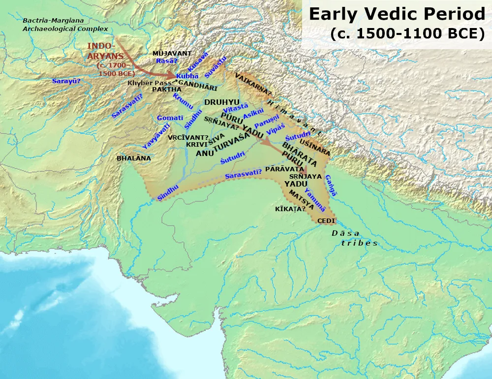 A map of tribes and rivers mentioned in the Rigveda.