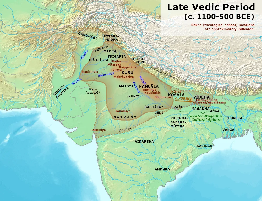 Geographical distribution of the Late Vedic Period. Each major region had its own recension of Rig Veda (Śākhās), and th