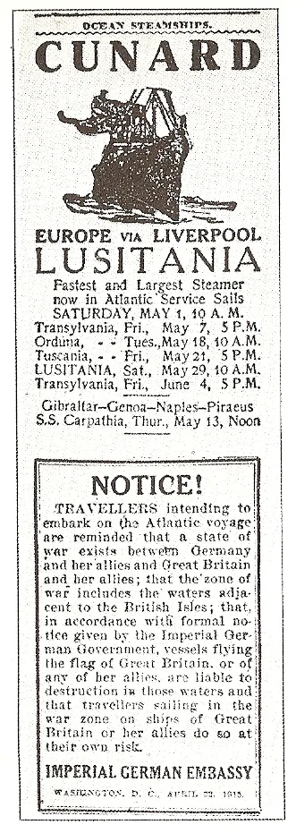 The warning issued by the Imperial German Embassy about travel to the UK, coincidentally juxtaposed with an advert for t