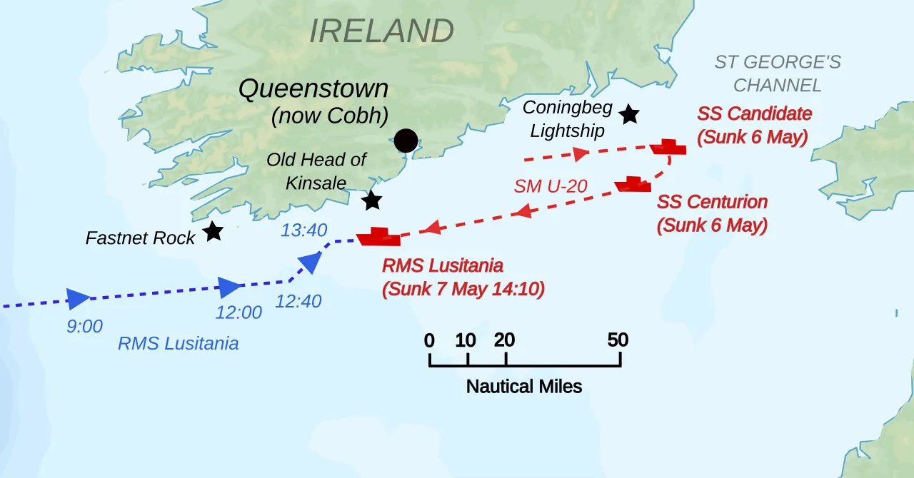 Map showing the movements of RMS Lusitania and SM U-20 prior to the sinking of the former. Marked are ships sunk by U-20
