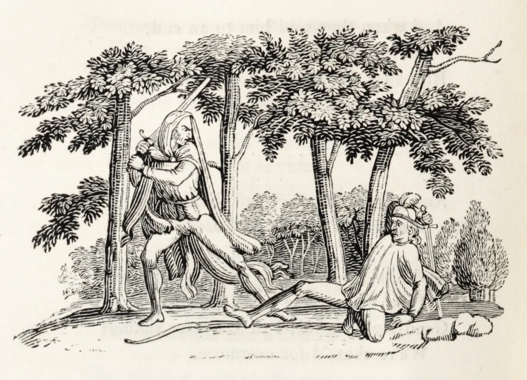 Robin Hood and Guy of Gisborne. Woodcut print by Thomas Bewick, 1832