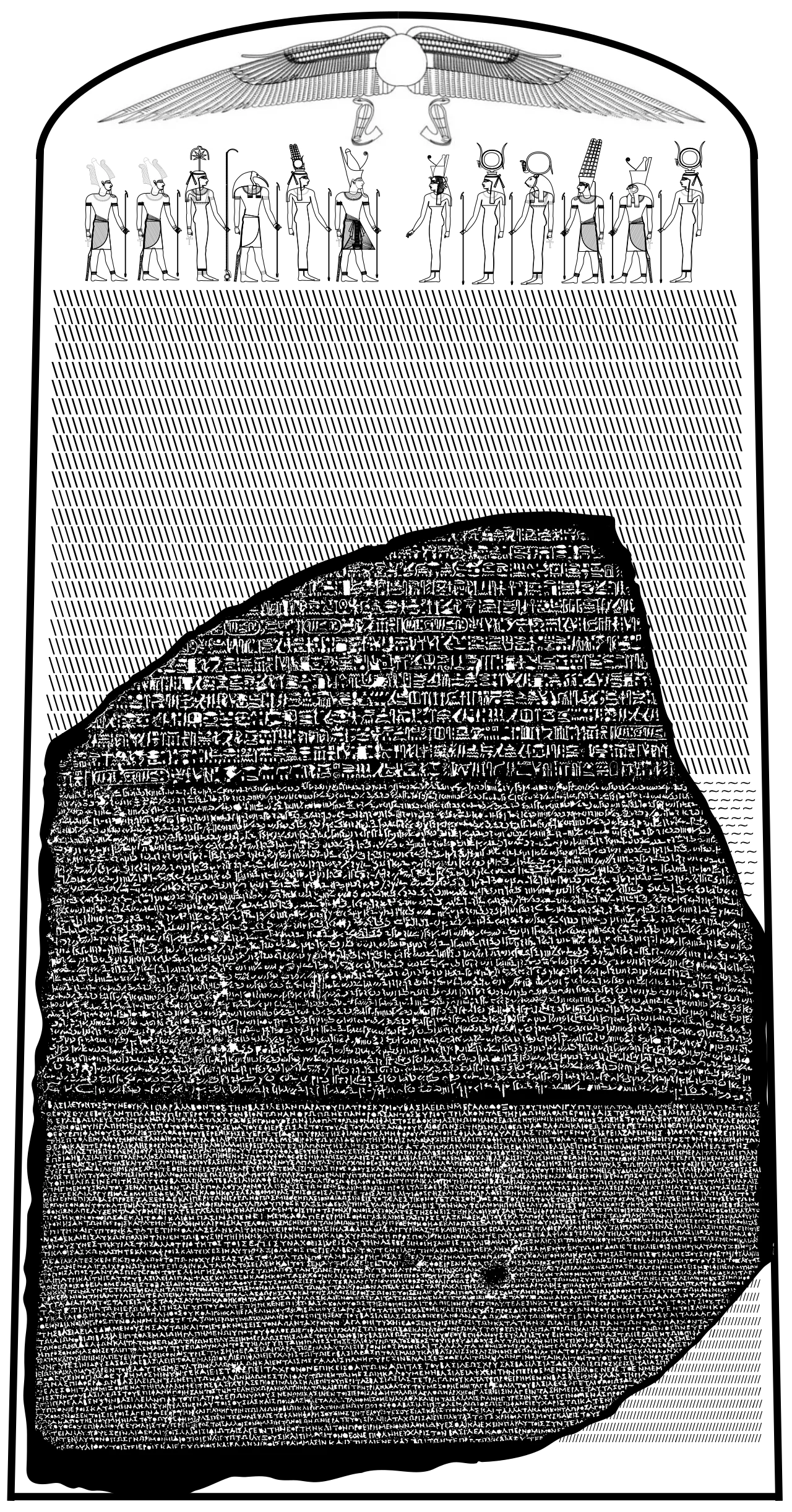 "Image of the Rosetta Stone set against a reconstructed image of the original stele it came from, showing 14 missing lines of hieroglyphic text and a group of Egyptian deities and symbols at the top"