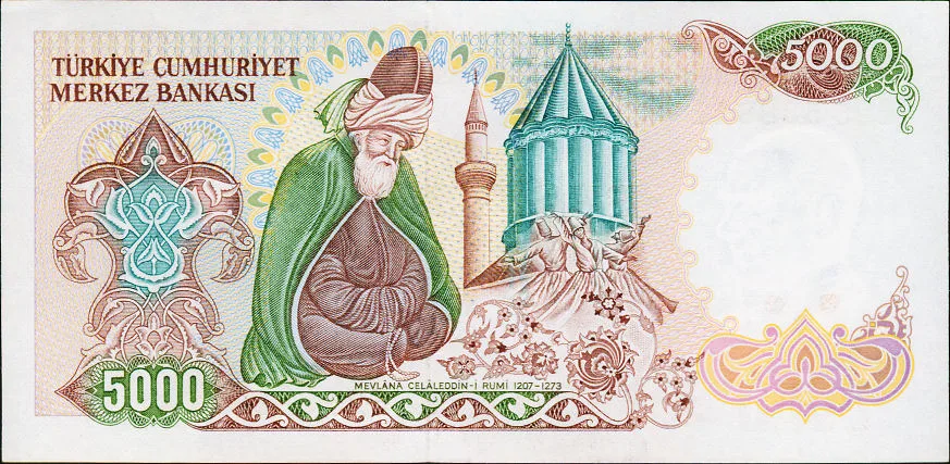Rumi and his mausoleum on the reverse of the 5000 Turkish lira banknotes of 1981–1994