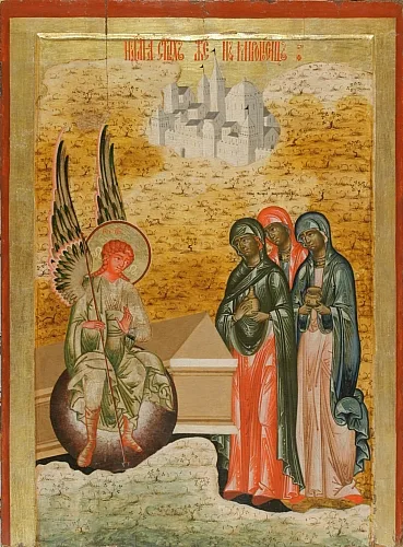 Eastern Orthodox icon of the two Marys and Salome at the Tomb of Jesus (Kizhi, 18th century)