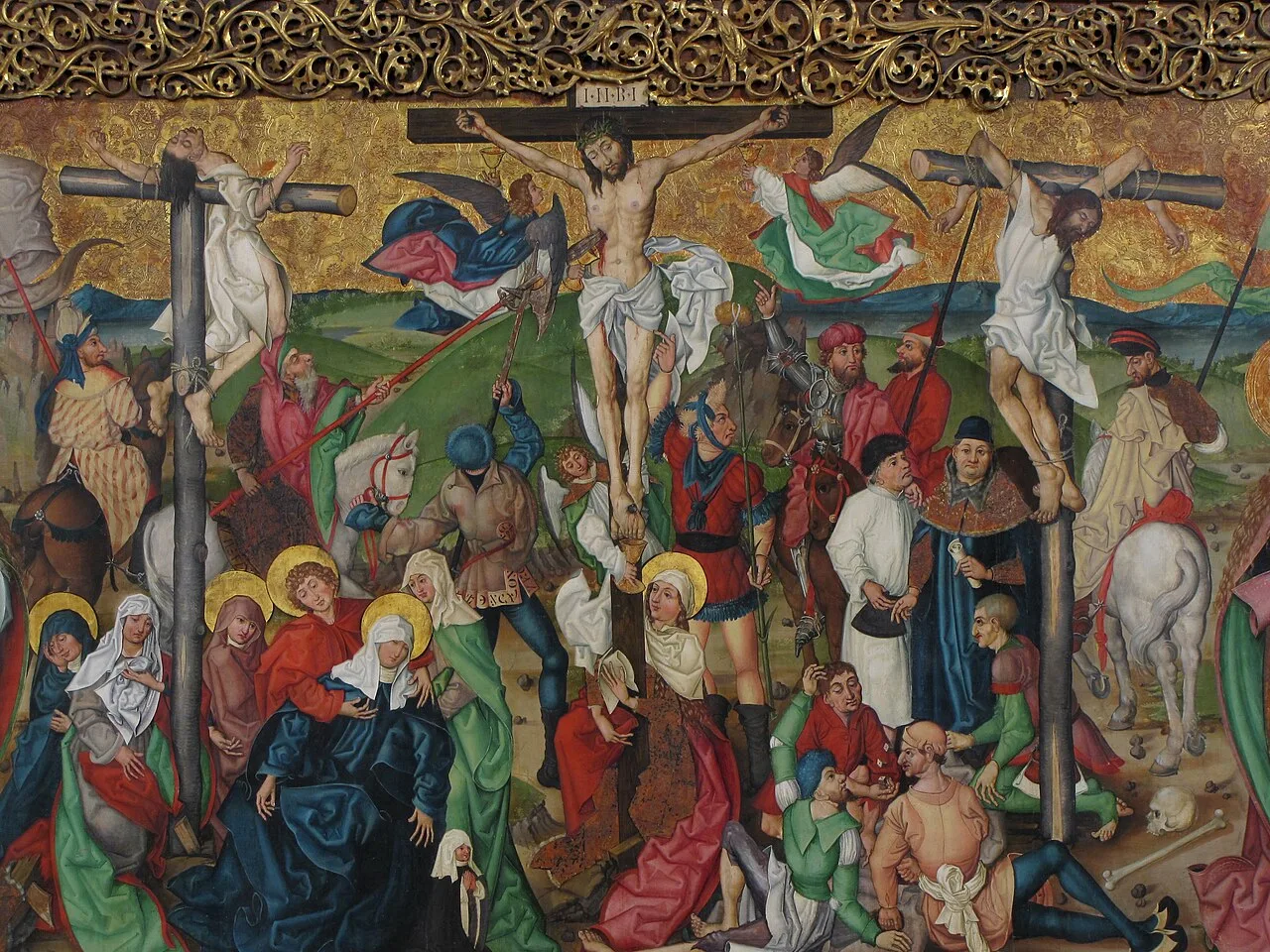 Crucifixion, from the Buhl Altarpiece, 1490s. Salome is one of the two leftmost women with a halo.