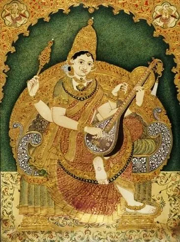 19th Century Mysore Painting of Saraswati.