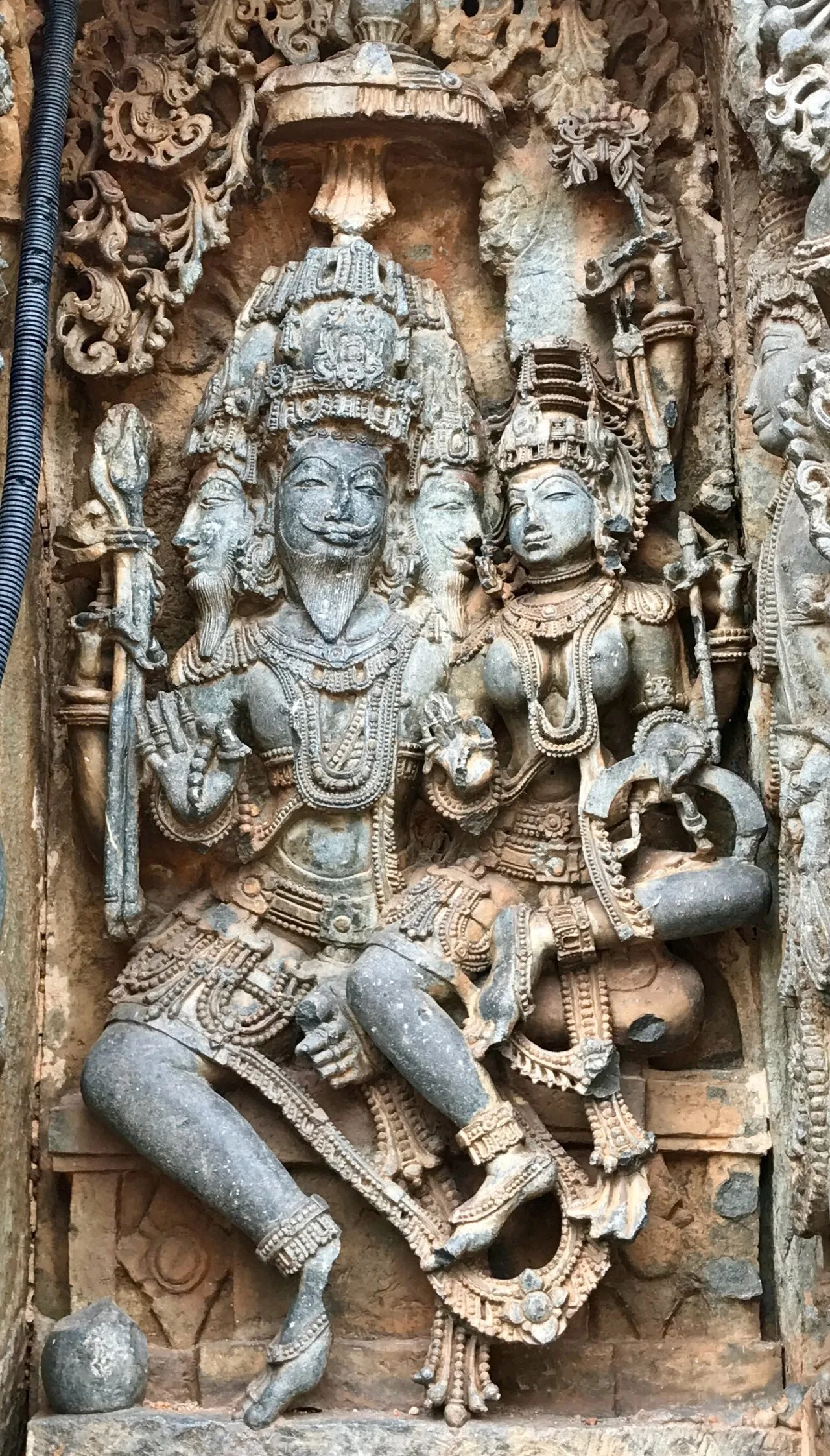12th-century Brahma and Saraswati as a couple at Hoysaleswara Temple, Halebidu, Karnataka, India.