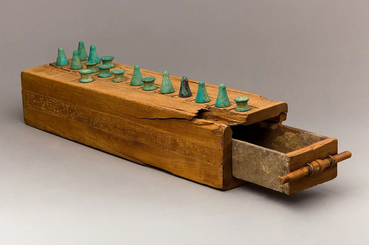 Game box with two games: Game of Twenty on top side of the box and Senet at the bottom, c. 1550–1295 BCE