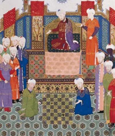 Two shatranj players in a detail from a Persian miniature painting of Bayasanghori Shahname made in 1430