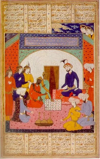 Indian ambassador, probably sent by the Maukhari King Śarvavarman of Kannauj, introducing chess to the Persian court of