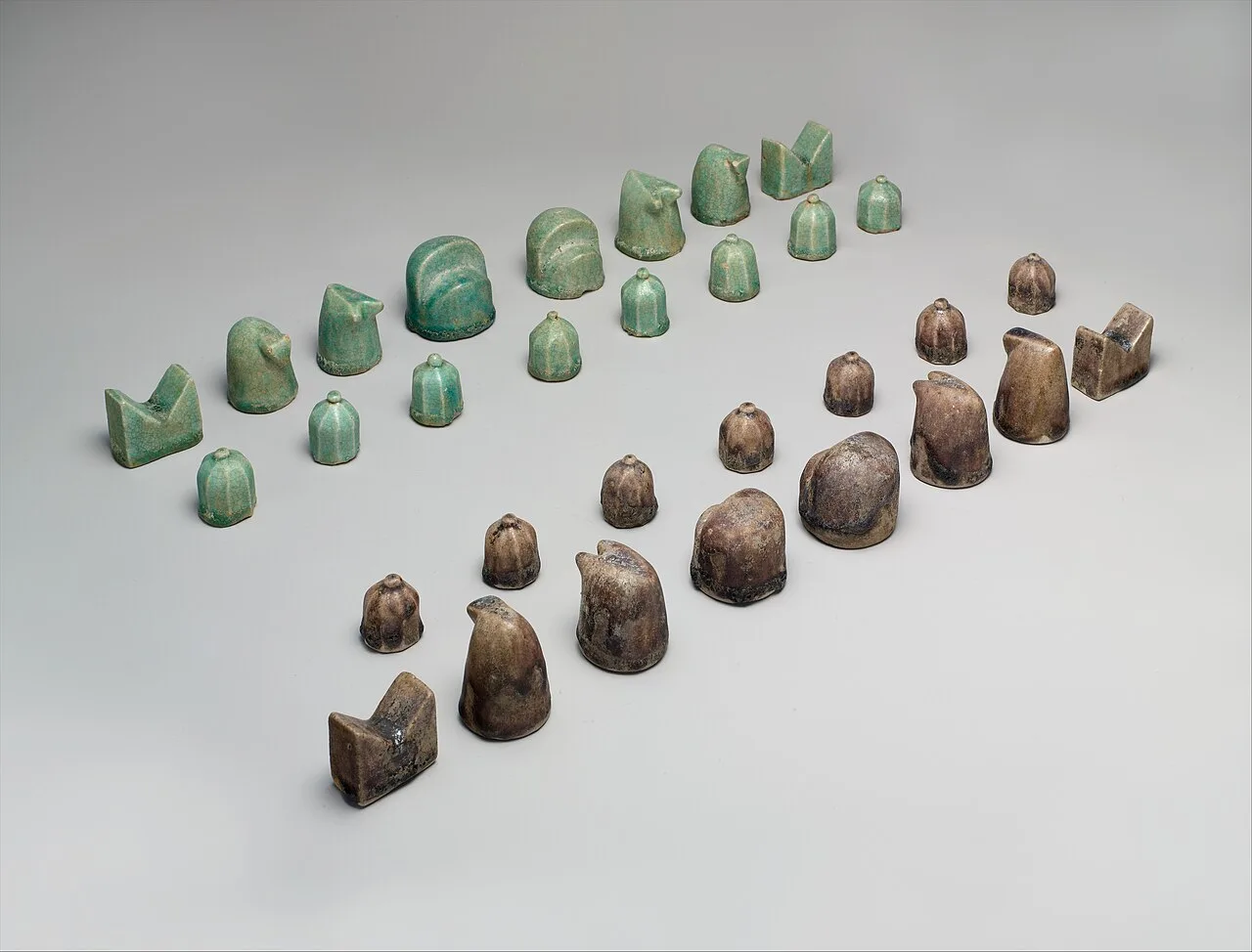 Iranian shatranj set, glazed fritware, 12th century Nishapur (New York Metropolitan Museum of Art)
