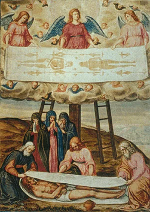 Artistic depiction of the Shroud of Turin, incorporated into a scene of the Descent from the Cross, by painter Giulio Cl