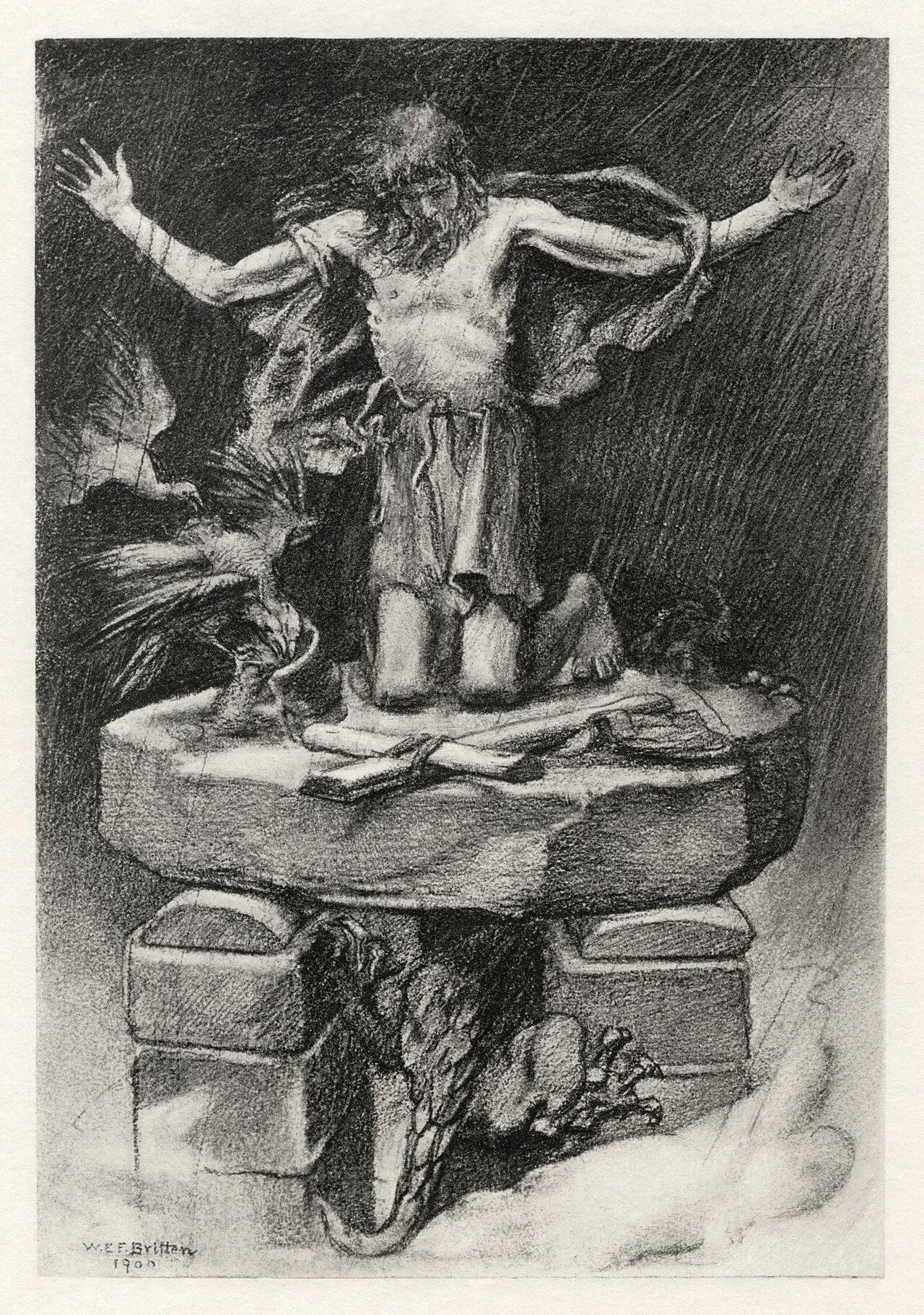 A 1901 illustration by W. E. F. Britten for Alfred Tennyson's St. Simeon Stylites.