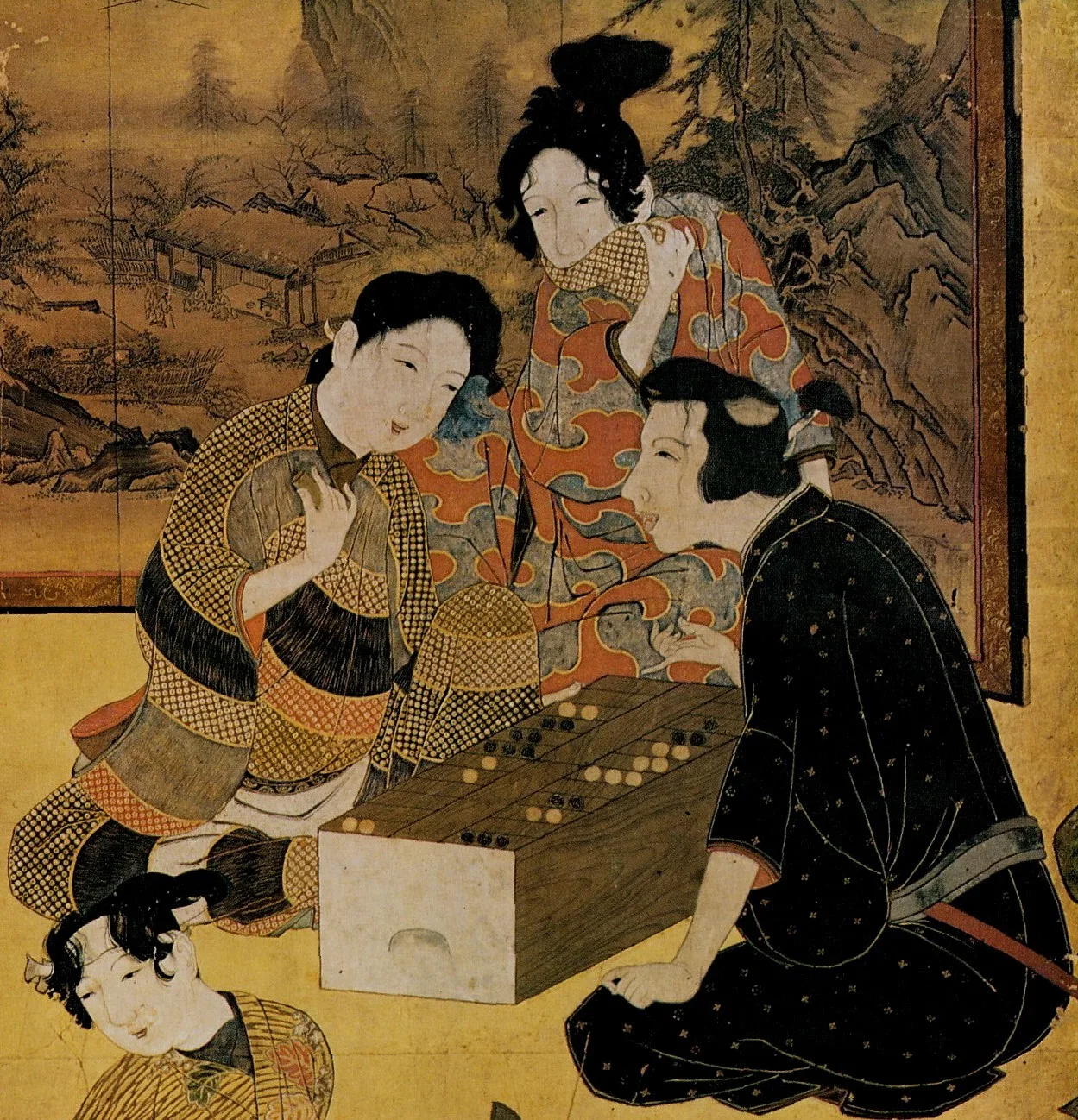 Man and woman playing ban-sugoroku (from Hikone Screen)