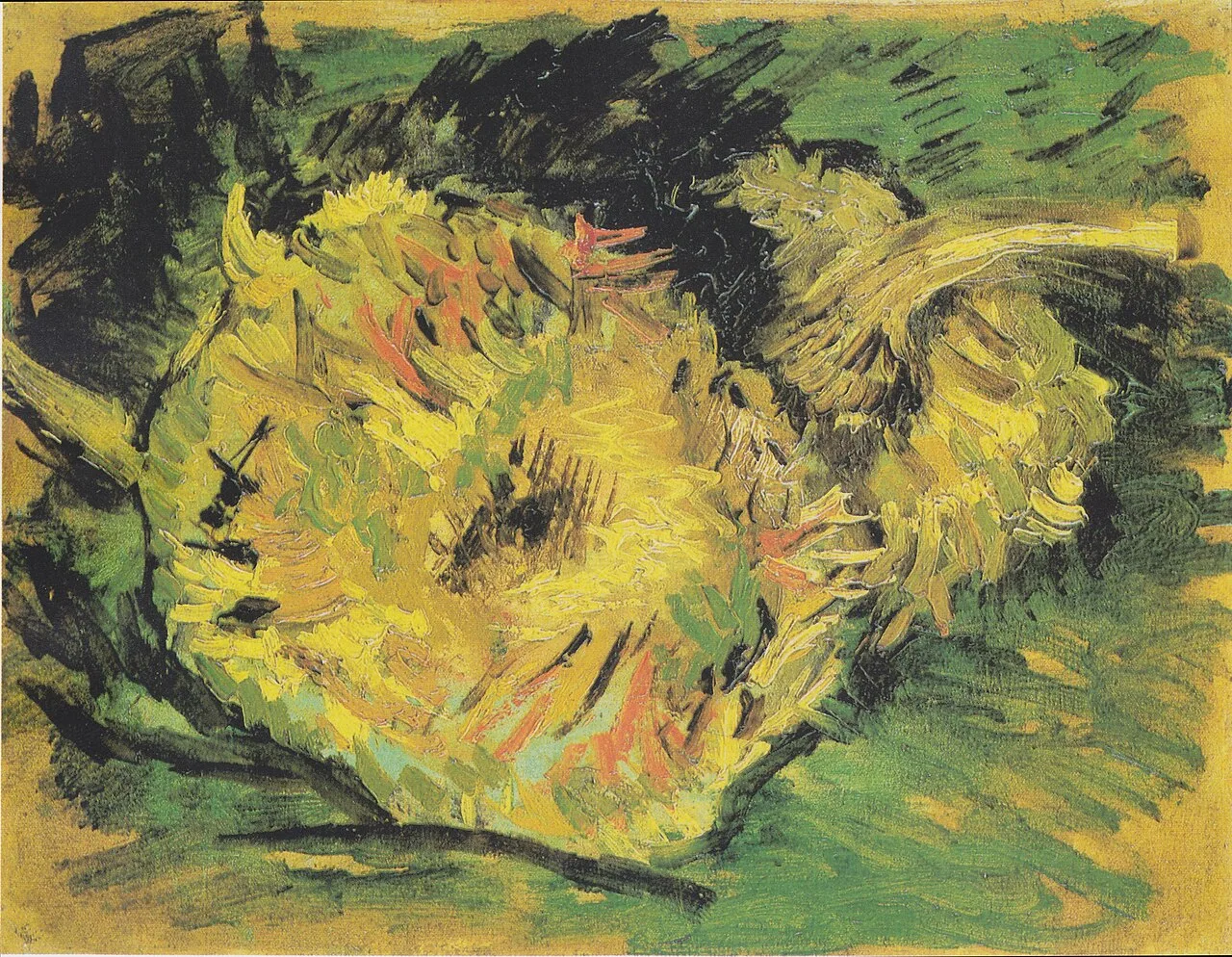 Two Cut Sunflowers, study (F377), Oil on canvas, 21 x 27 cm, Van Gogh Museum, Amsterdam