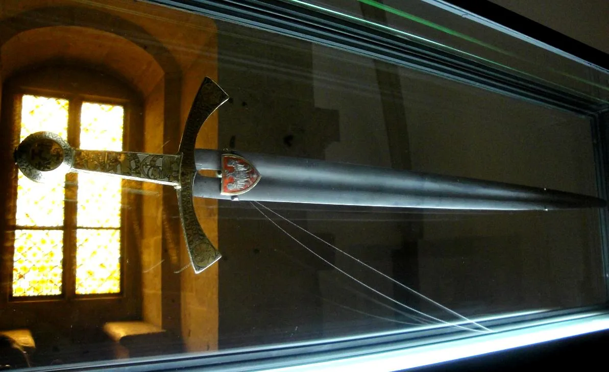 Szczerbiec on display in the Wawel Castle treasure vault