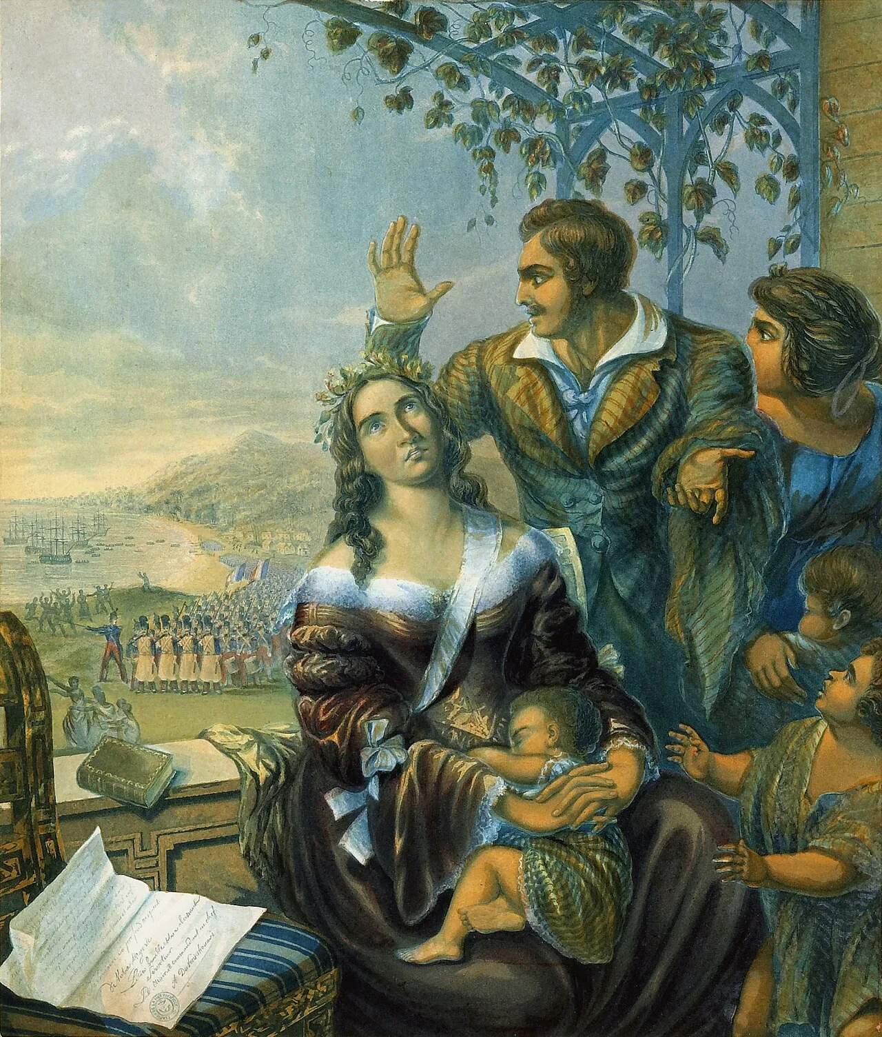 Queen Pomare and her family on the verandah of Mr. Pritchard's house, during the French Invasion of Tahiti[43]