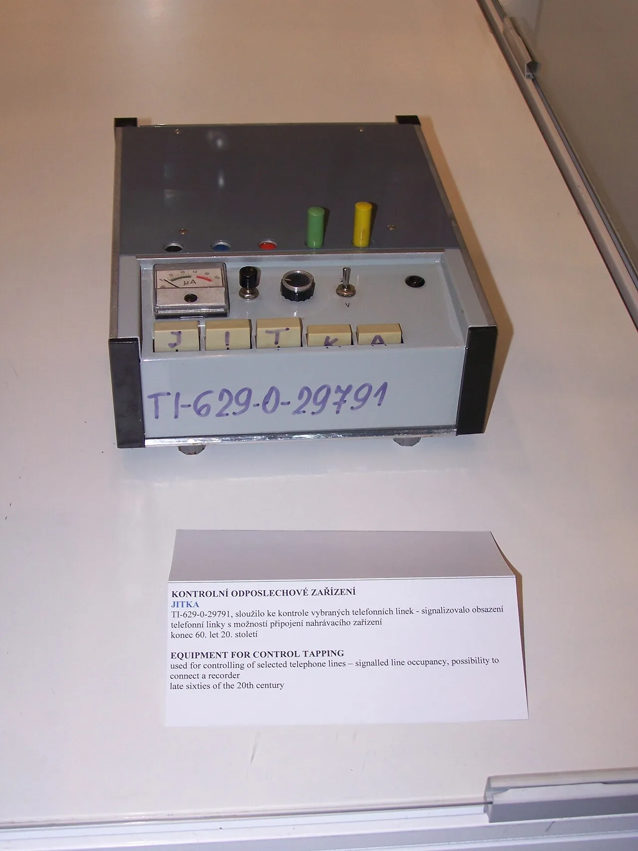 Telephone line control device "Jitka", used in late 1960s by Czechoslovak StB to signal line occupancy, and connect a re