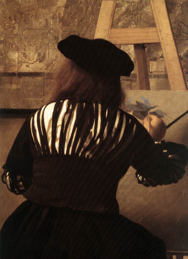 Detail of Vermeer's Art of Painting showing the painter at his easel using a maulstick.