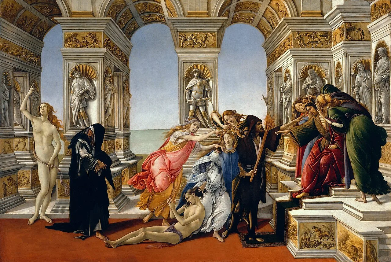 Calumny of Apelles, 1494–95, with "Truth" at left. Uffizi, Florence.
