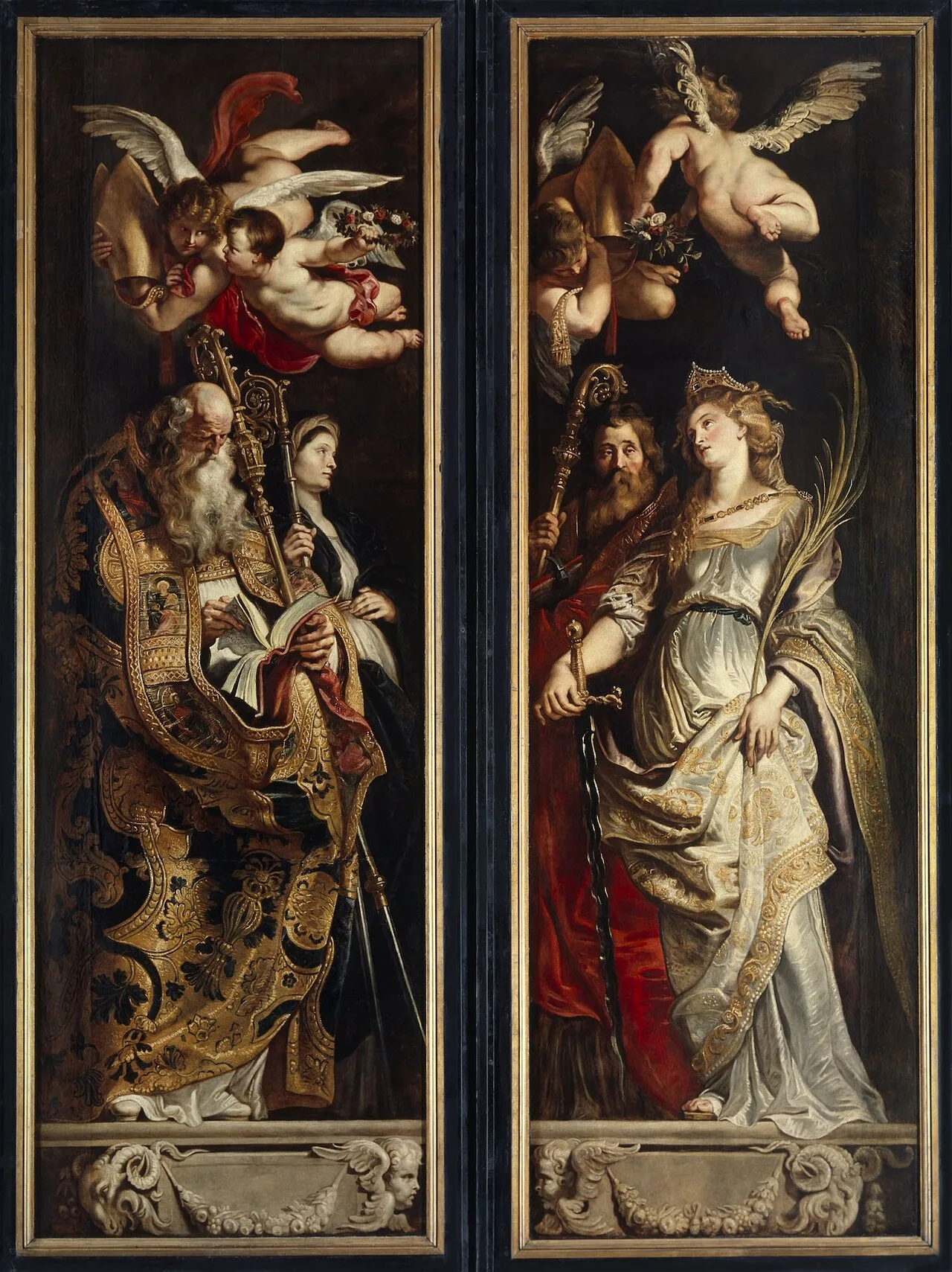 Closed view showing Saints Amand and Walburga (left) and Saints Eligius and Catherine of Alexandria (right)