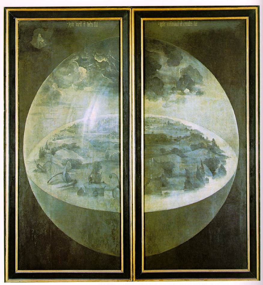The exterior panels show the world during creation, probably on the Third Day, after the addition of plant life but befo