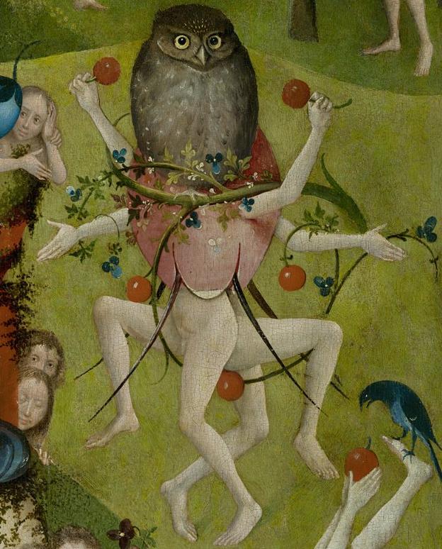 Detail from the center panel showing two cherry-adorned dancing figures who carry a surface on which an owl is perched. 