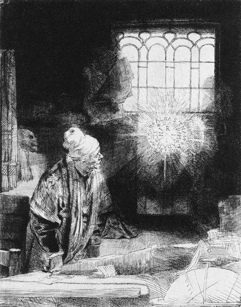 Faust depicted in an etching by Rembrandt (c. 1650). Faust, also a scholar, is depicted in the same pose as The Geograph