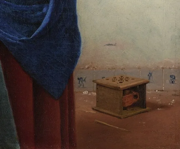 Painting detail showing the foot warmer, with tiles of Cupid and a man with a pole on either side of it; the clothes bas
