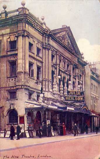 Postcard of the West End's New Theatre in 1905 with signs for Julia Neilson (who played Lady Blakeney) in The Scarlet Pi