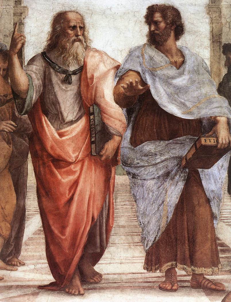 An elder Plato walks alongside a younger Aristotle.
