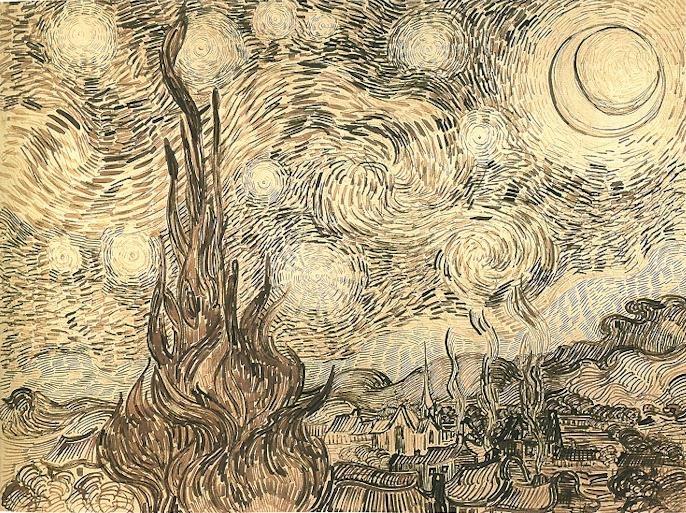 The drawing Cypresses in Starry Night, a reed pen copy executed by Van Gogh after the painting in 1889. Originally held 