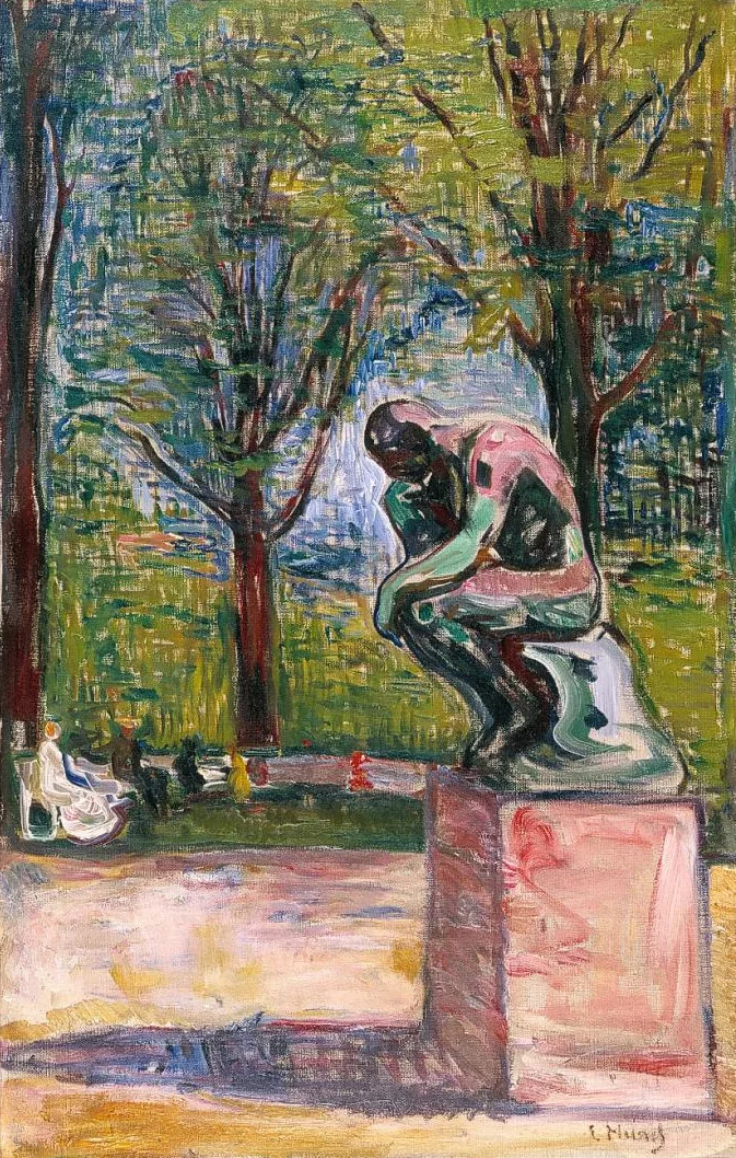 Rodin's The Thinker (in the park of the Lindesche Villa with the family in the background) by Edvard Munch