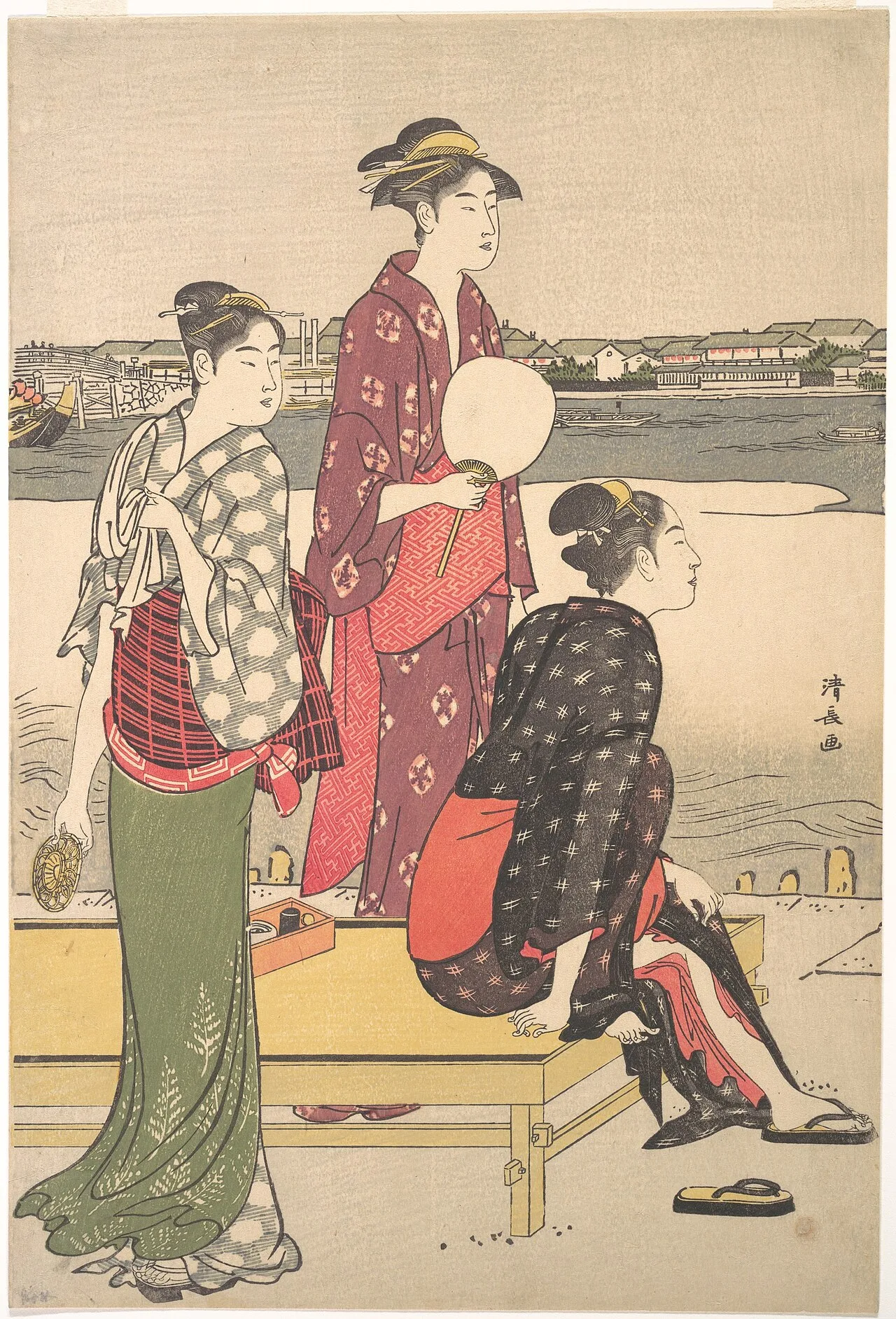 Illustration of three Japanese women in kimonos relaxing by a river