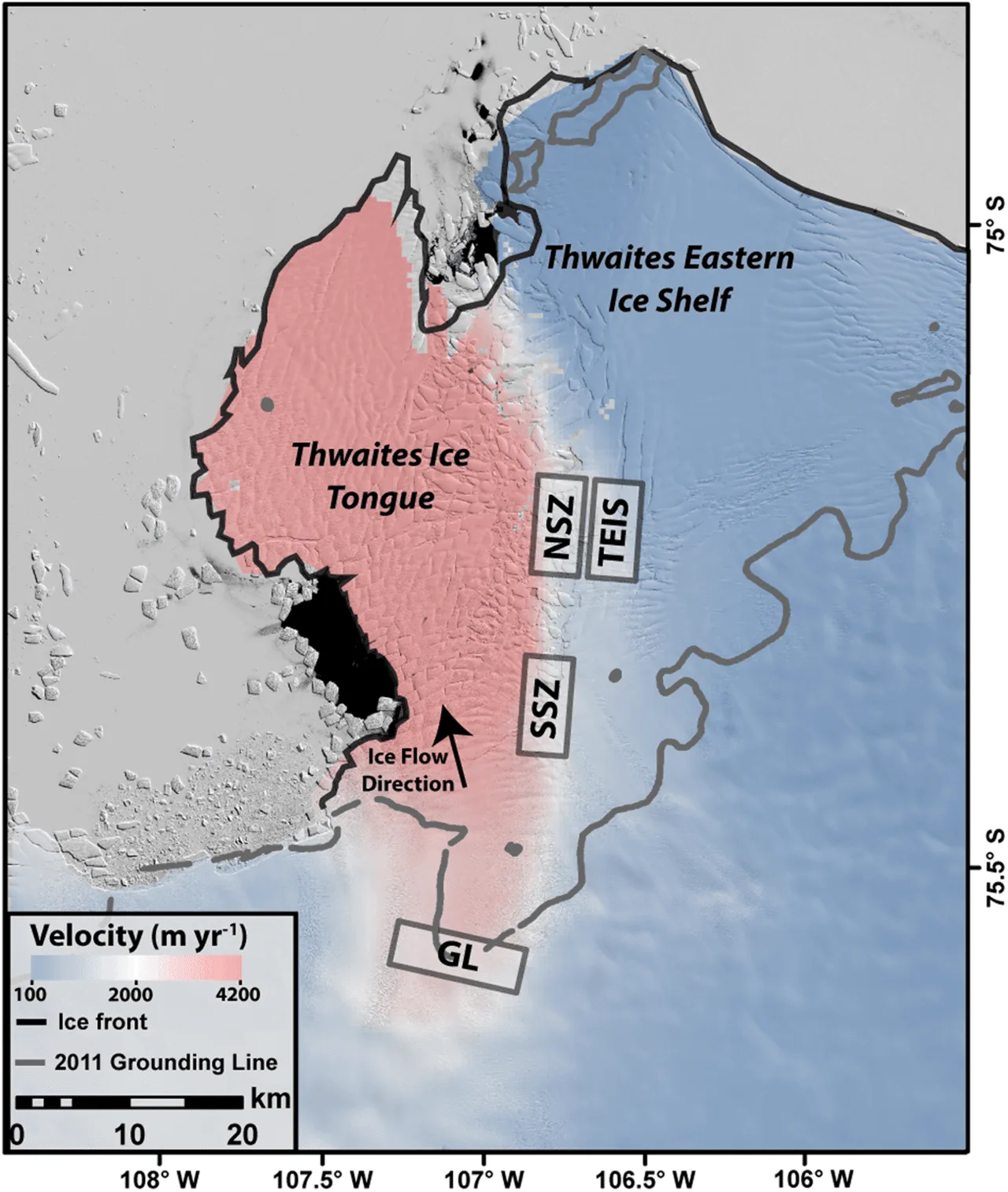 Thwaites Eastern Ice Shelf (TEIS) and Thwaites Ice Tongue in 2013, soon after the latter broke up and lost cohesion, lea