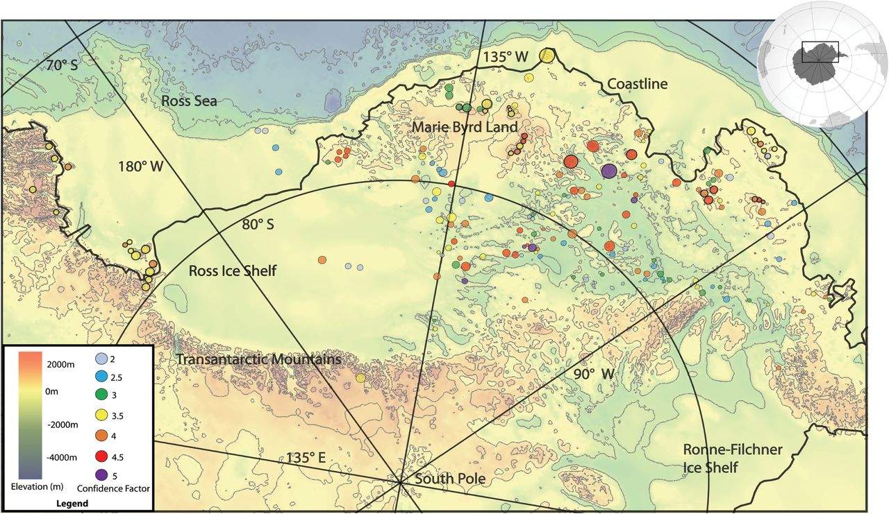 Map of various volcanoes found underneath the West Antarctic Ice Sheet[41]