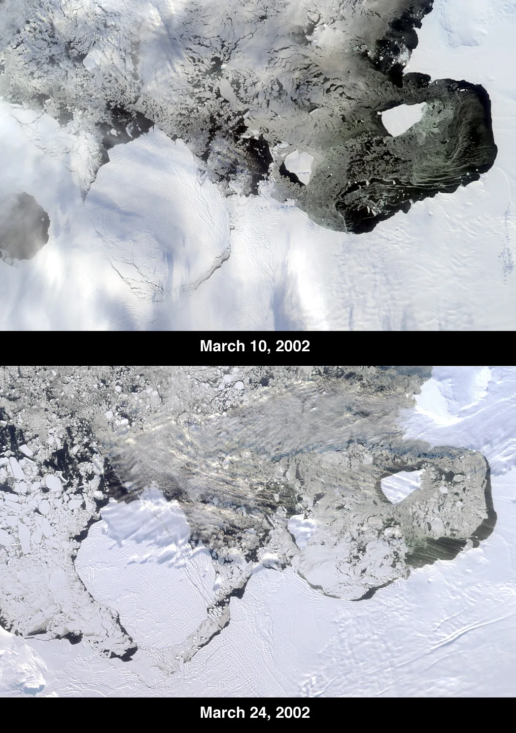 The B-22 iceberg broke off from the Thwaites Glacier Tongue on March 15, 2002.