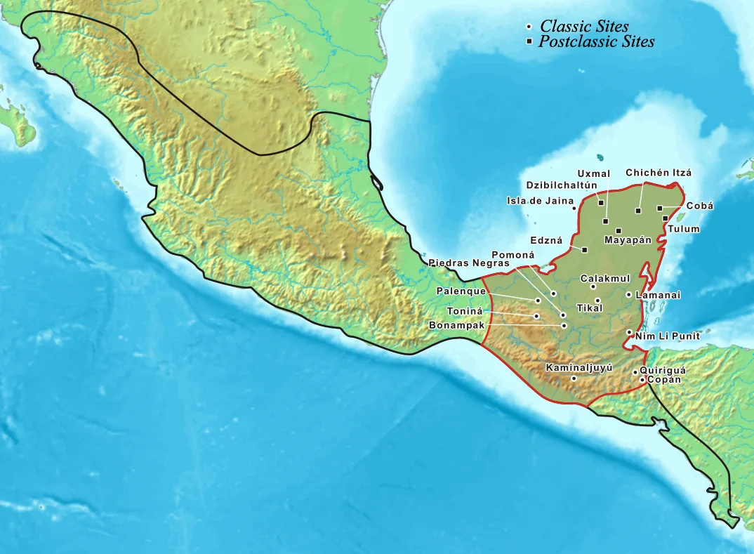 The Maya area within the Mesoamerican region. Both Tikal and Calakmul lie near the center of the area.