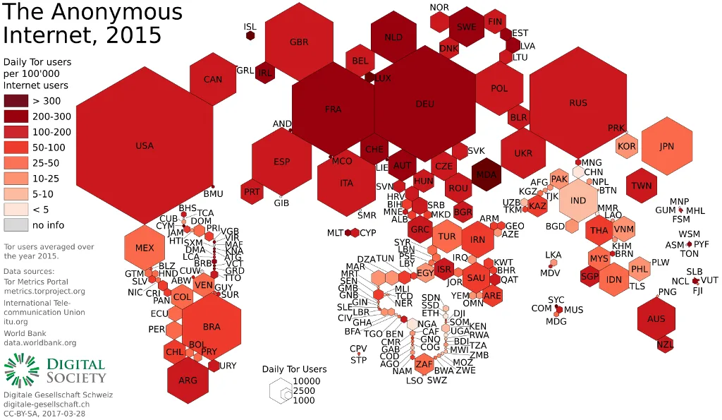 A cartogram illustrating Tor usage in 2015