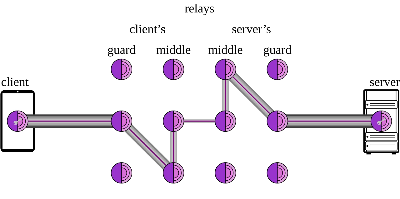A client, represented as a phone, sending traffic to an onion labelled the client's "Guard" with five nested lines, then going to a "Middle" onion with four nested lines, then going to another "Middle" with three nested lines, then going to the server's "Middle" via two nested lines, going to another "Middle" with three nested lines, going to a "Guard" with four nested lines, and finally going to the Server with five nested lines.
