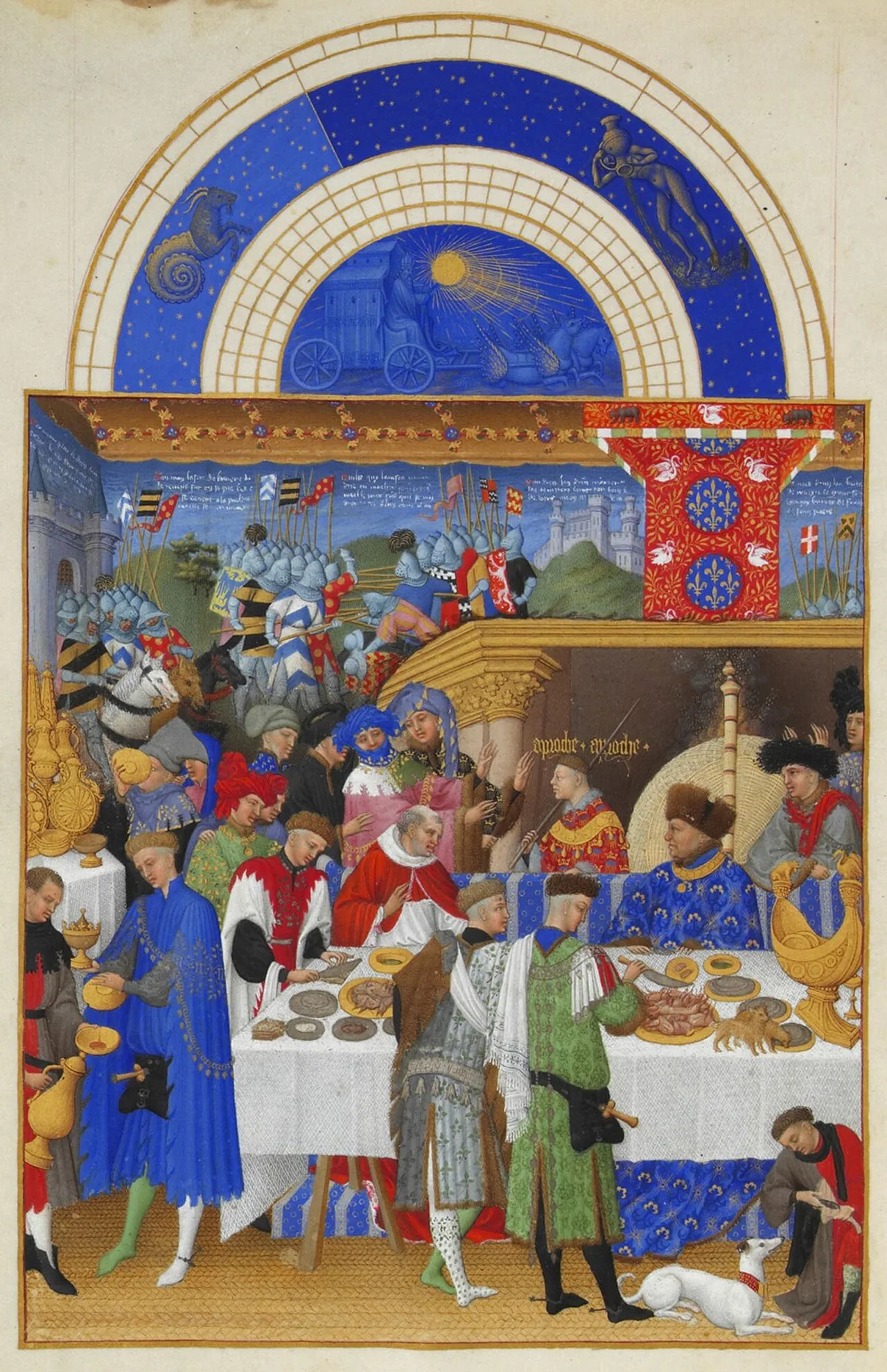 Page from the calendar of the Très Riches Heures showing the household of John, Duke of Berry exchanging New Year gifts.