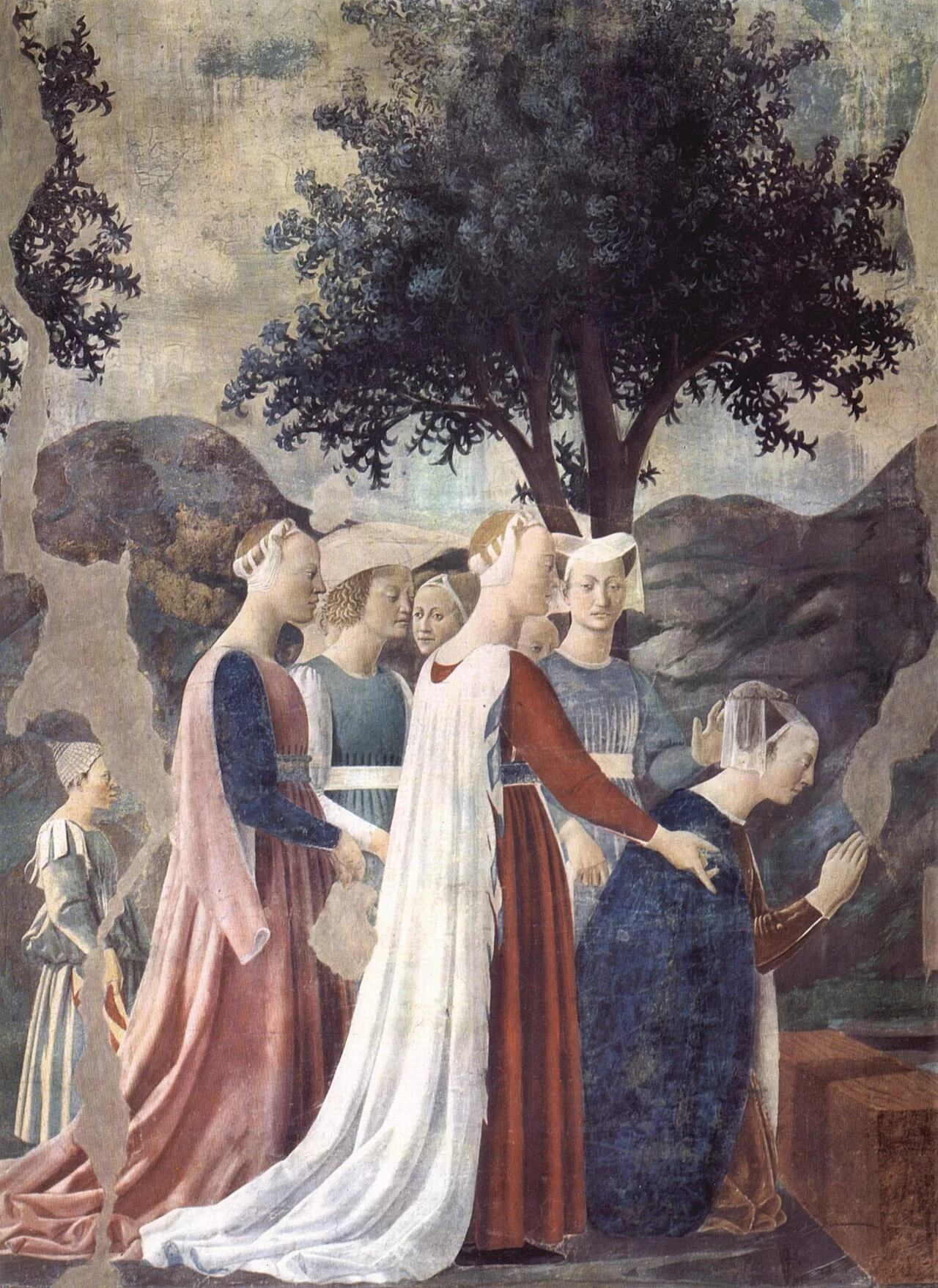 The Queen of Sheba venerates the wood from which the Cross will be made (mid 15th-century fresco by Piero della Francesc