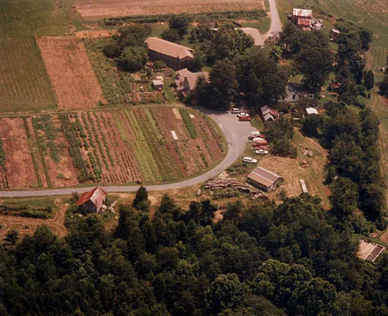An aerial view of Twin Oaks' main entrance and communal garden