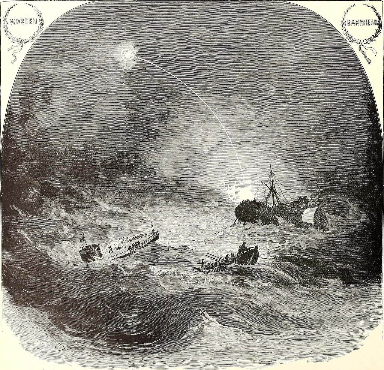 Engraving of USS Monitor sinking, with USS Rhode Island in the background