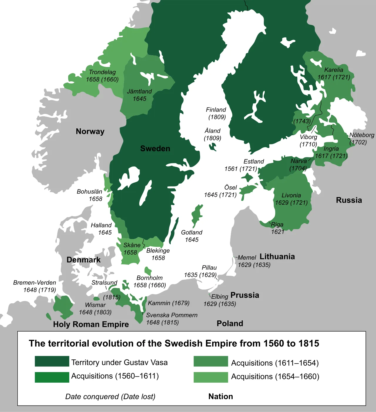 A map of Sweden's territorial gains and losses 1560–1815. In the years that Vasa was built and sank, Sweden still had no