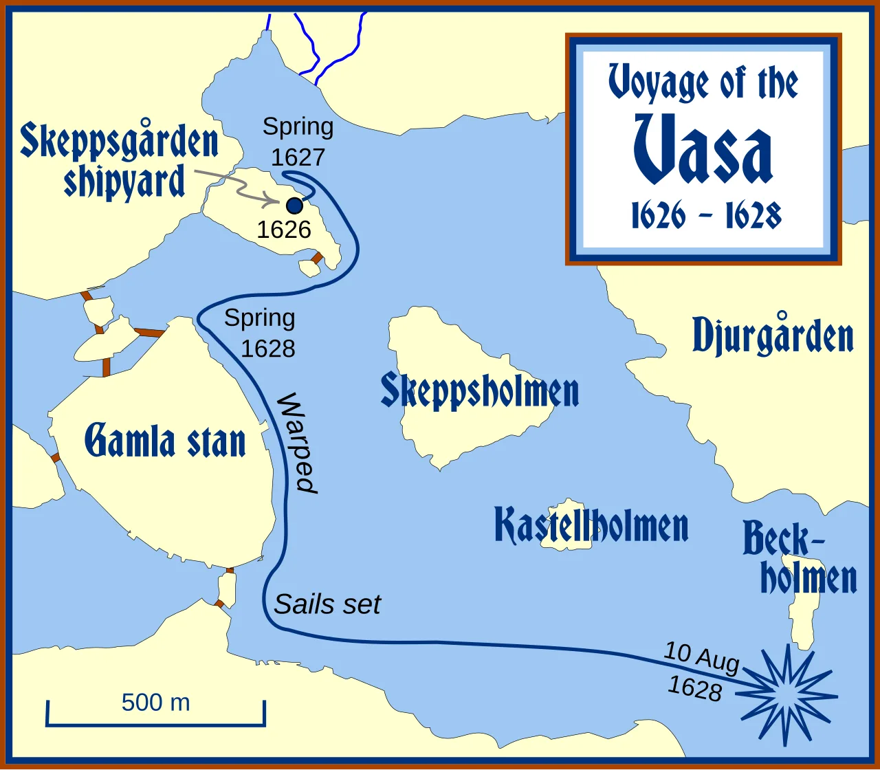 Central Stockholm and the movements of Vasa from Skeppsgården ('navy yard') to the anchoring place near the old royal ca