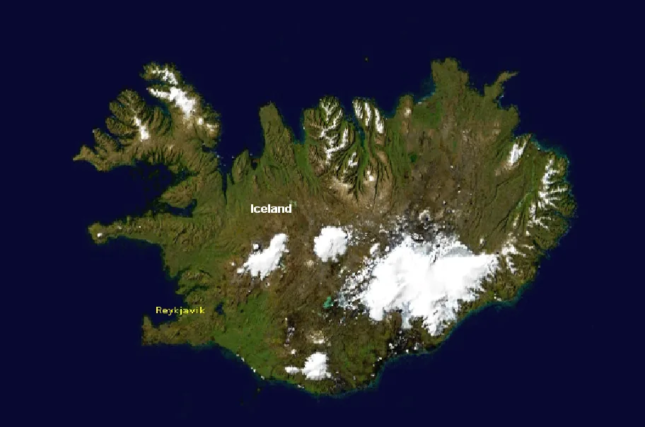 Iceland as seen from space, with Vatnajökull appearing as the largest white area to the lower right