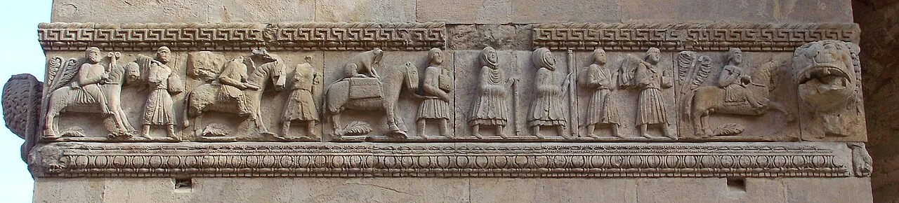 Pilgrims to Rome carved in a relief, Fidenza Cathedral (late twelfth century)