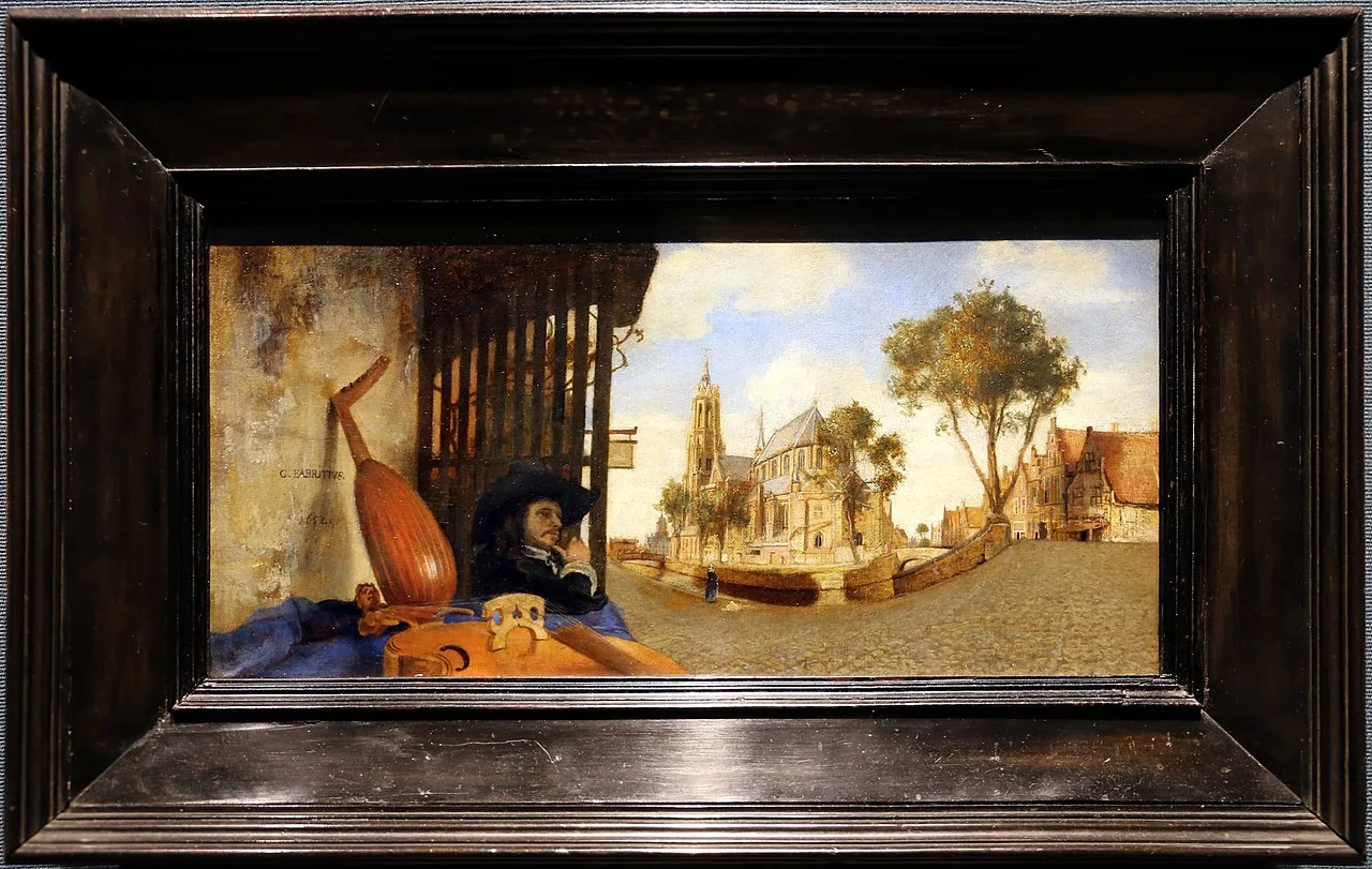 Carel fabritius, veduta di delft con banco di venditore di strumenti musicali (Carel Fabritius, view of Delft with vendo